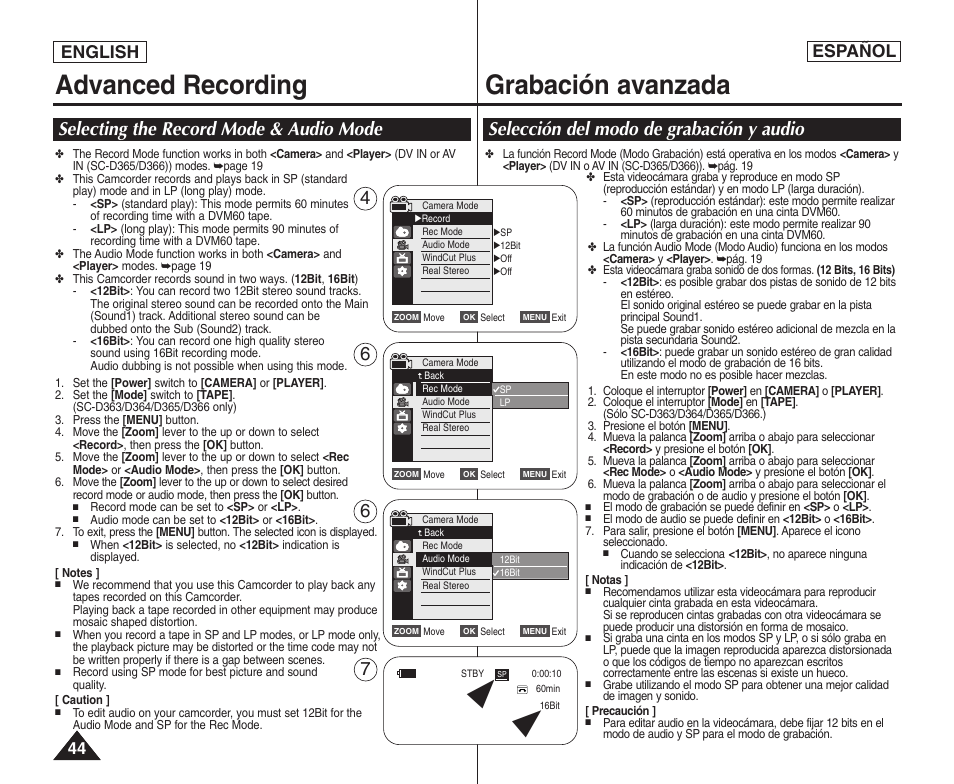 Advanced recording, Grabación avanzada, Selecting the record mode & audio mode | Selección del modo de grabación y audio, English español | Samsung SC-D364-XAP User Manual | Page 44 / 106