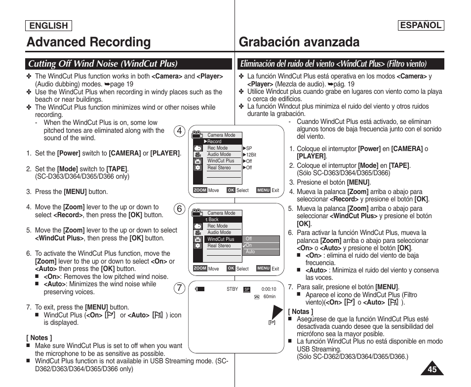 Advanced recording, Grabación avanzada, Cutting off wind noise (windcut plus) | English español | Samsung SC-D364-XAP User Manual | Page 45 / 106