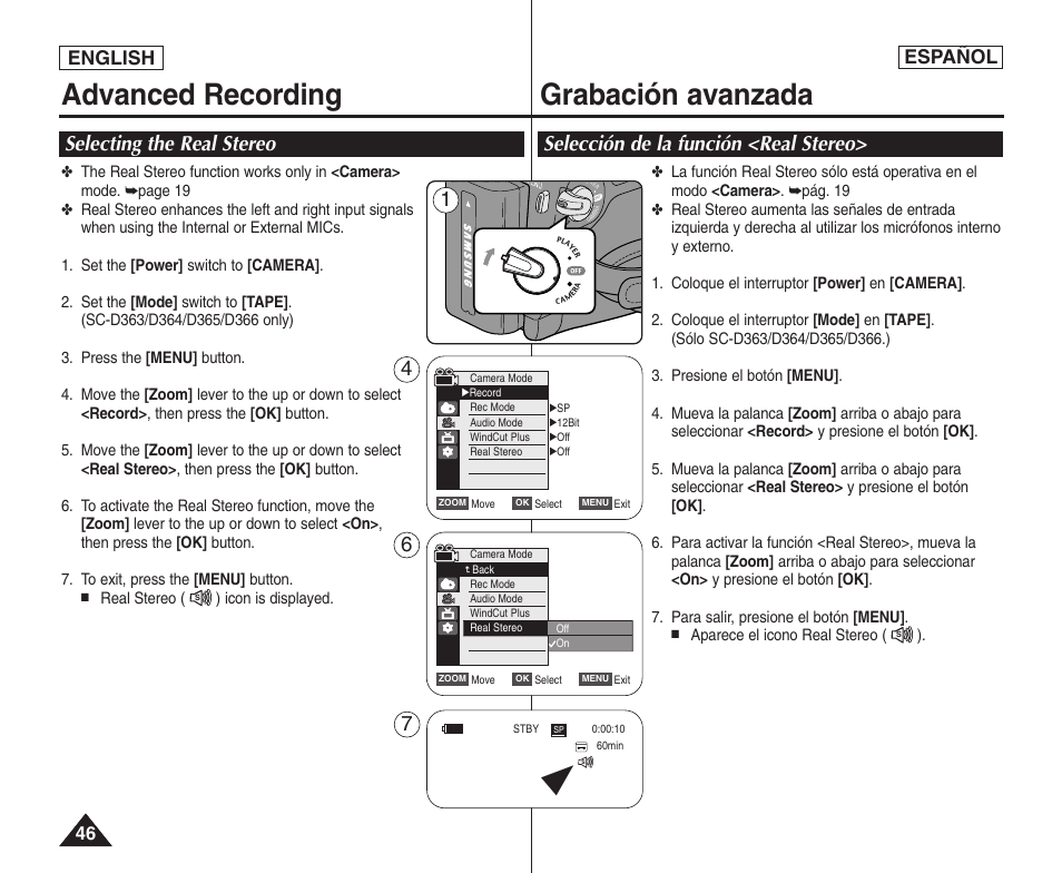 Advanced recording, Grabación avanzada, Selecting the real stereo | Selección de la función <real stereo, English español | Samsung SC-D364-XAP User Manual | Page 46 / 106