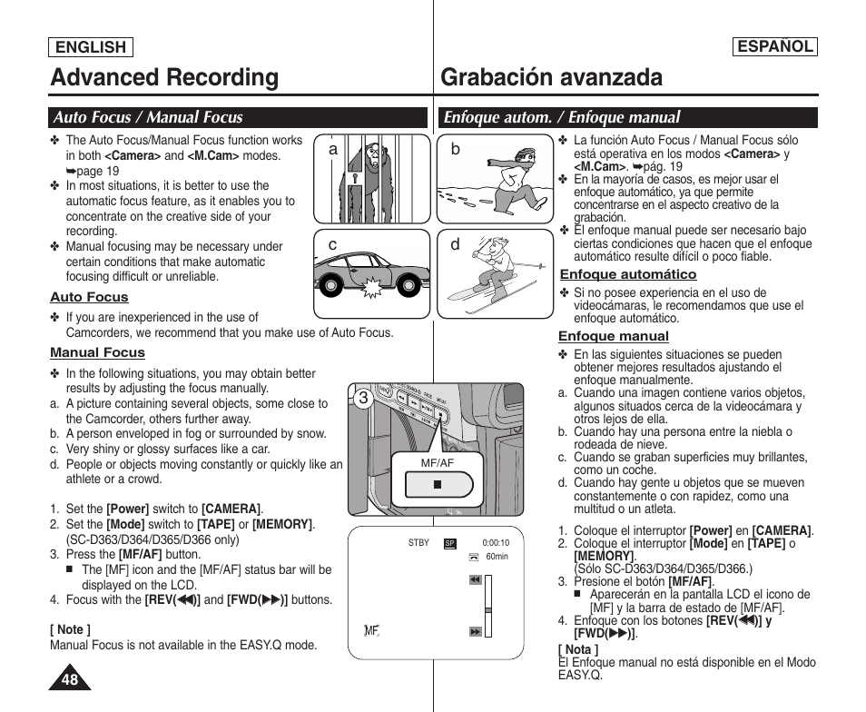 Advanced recording, Grabación avanzada, Auto focus / manual focus | Enfoque autom. / enfoque manual, Ac b d | Samsung SC-D364-XAP User Manual | Page 48 / 106