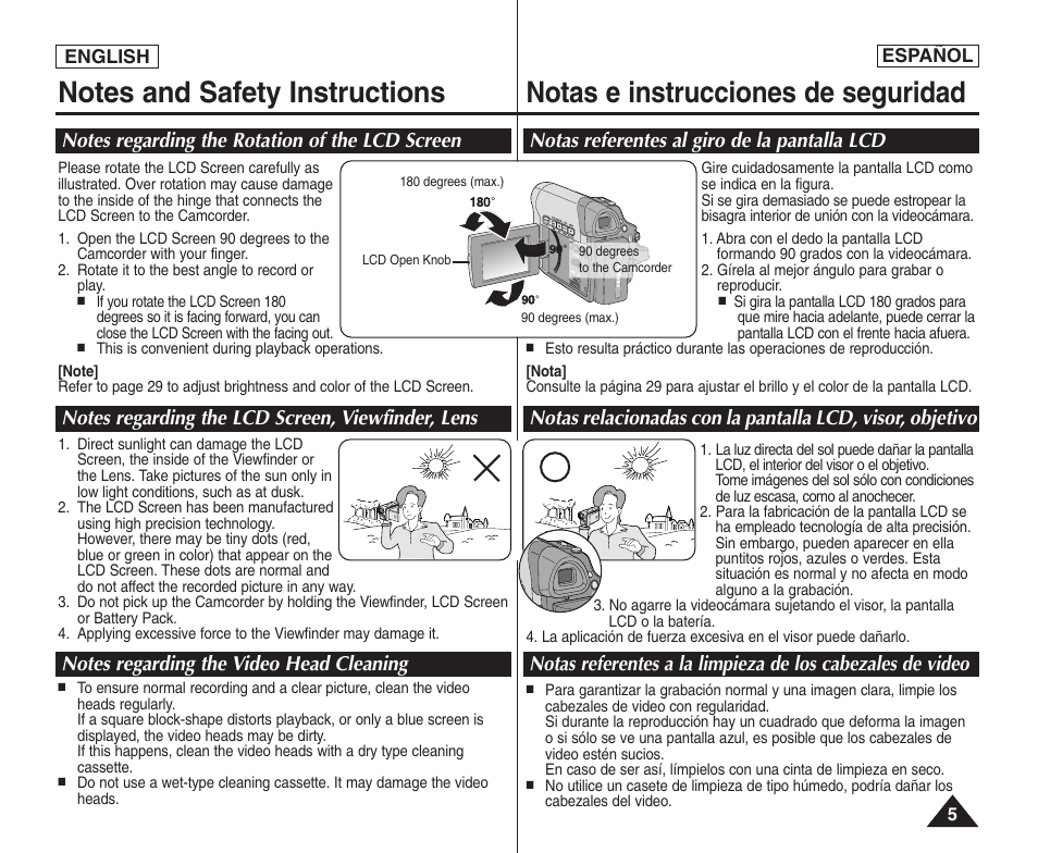 Notas referentes al giro de la pantalla lcd | Samsung SC-D364-XAP User Manual | Page 5 / 106