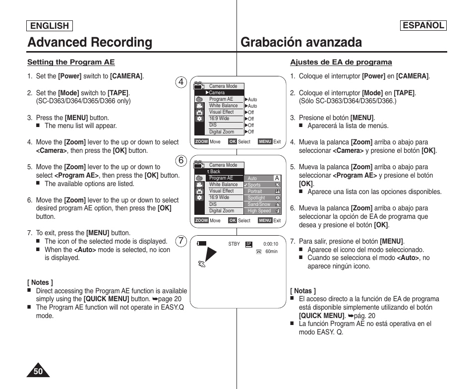 Advanced recording, Grabación avanzada, English español | Samsung SC-D364-XAP User Manual | Page 50 / 106