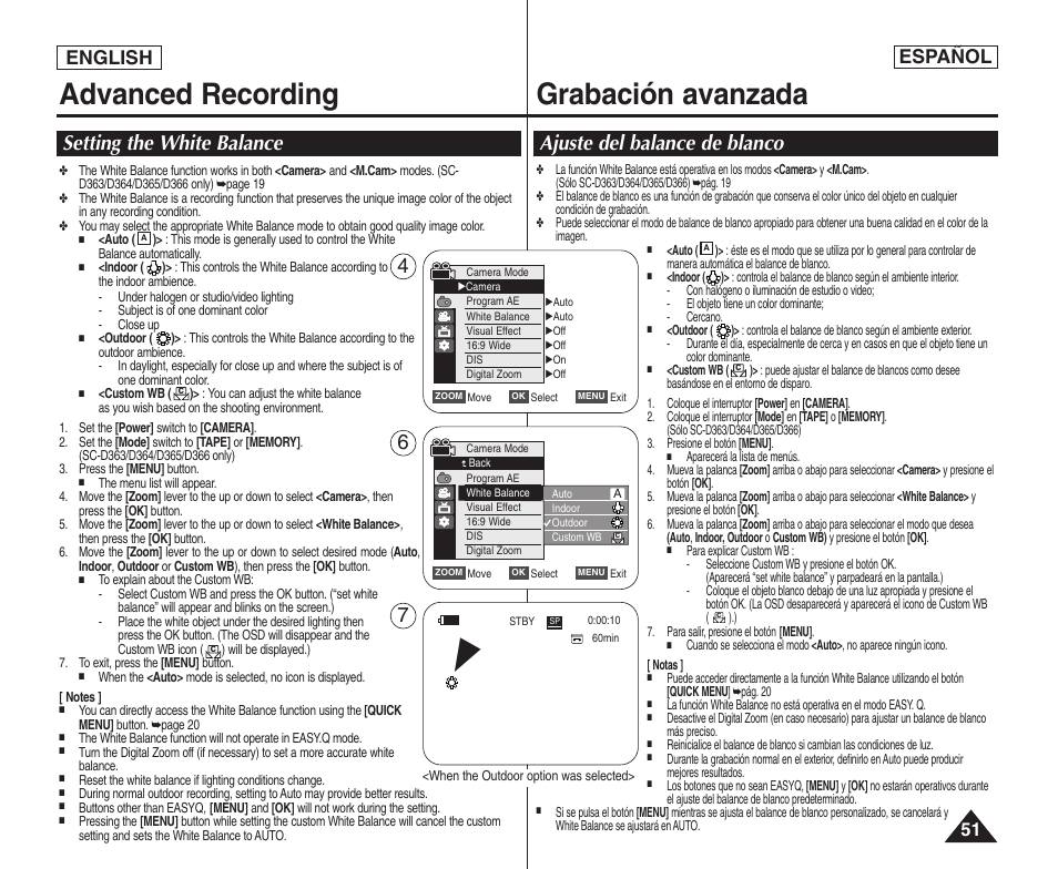 Advanced recording, Grabación avanzada, Setting the white balance | Ajuste del balance de blanco, English español | Samsung SC-D364-XAP User Manual | Page 51 / 106