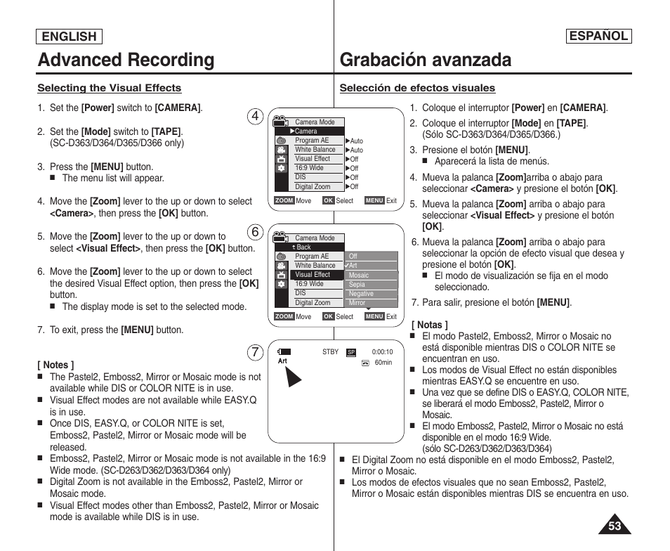 Advanced recording grabación avanzada, English español | Samsung SC-D364-XAP User Manual | Page 53 / 106