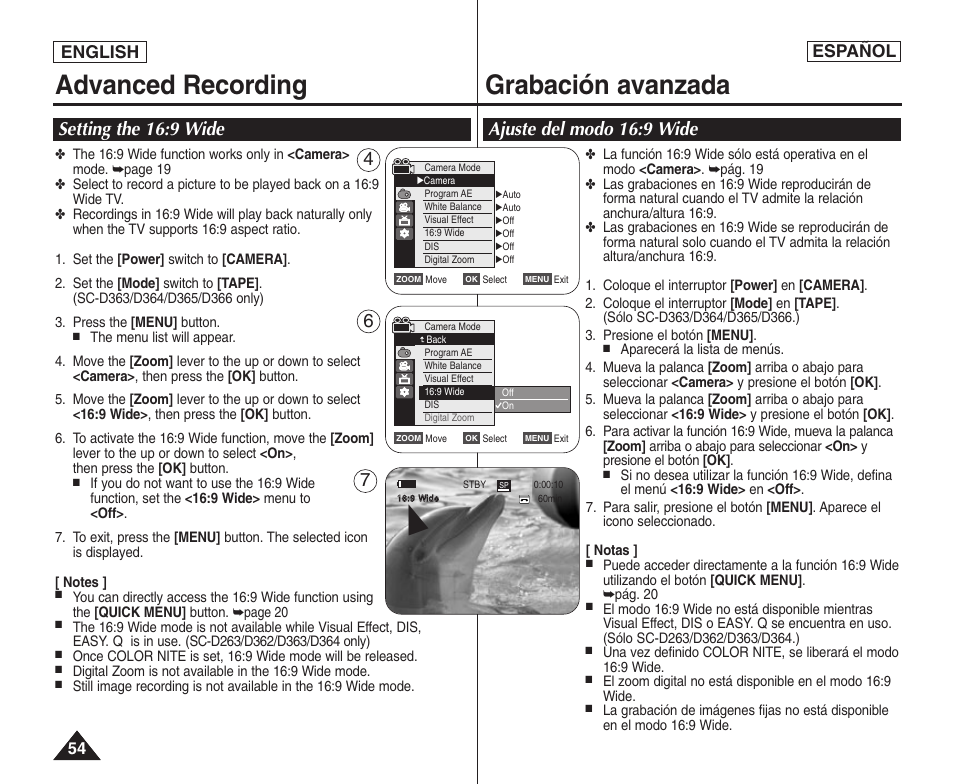 Advanced recording grabación avanzada, Setting the 16:9 wide, Ajuste del modo 16:9 wide | English español | Samsung SC-D364-XAP User Manual | Page 54 / 106