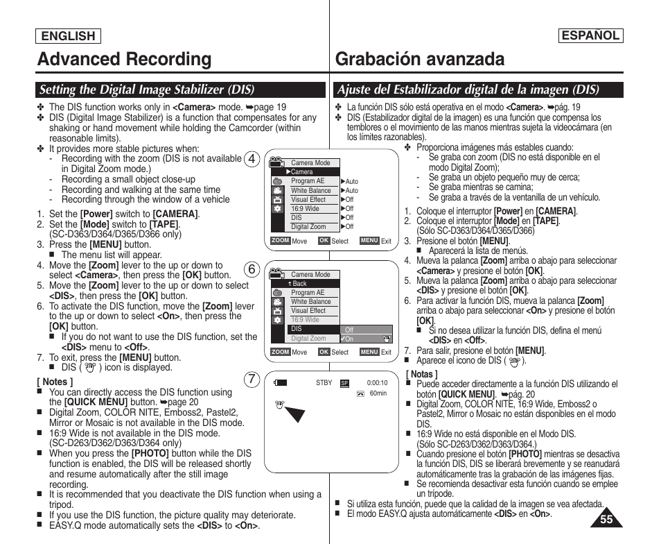 Advanced recording grabación avanzada, English español | Samsung SC-D364-XAP User Manual | Page 55 / 106