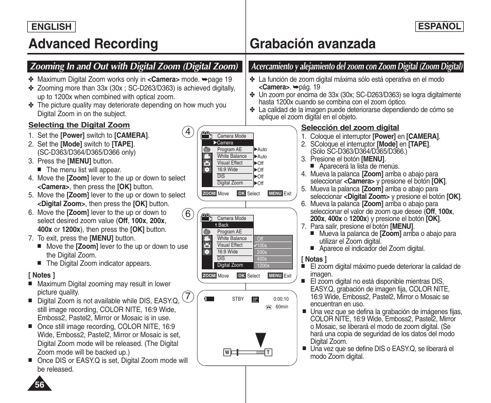 Advanced recording grabación avanzada, English español | Samsung SC-D364-XAP User Manual | Page 56 / 106