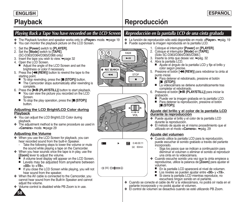 Playback reproducción, English español | Samsung SC-D364-XAP User Manual | Page 58 / 106