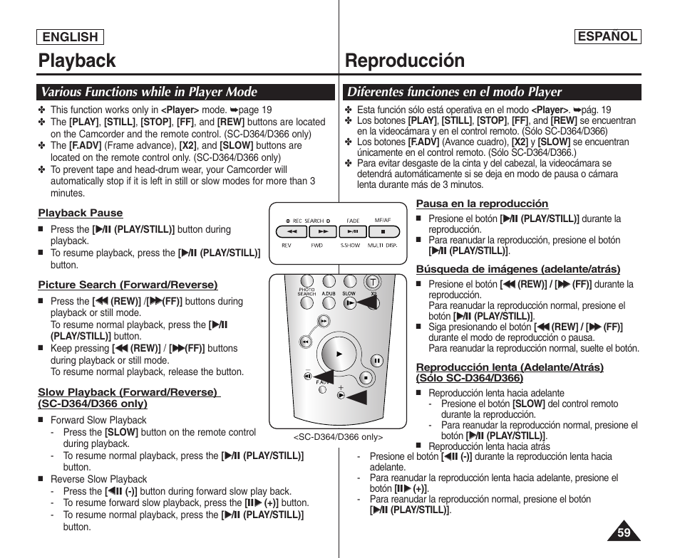 Playback reproducción | Samsung SC-D364-XAP User Manual | Page 59 / 106