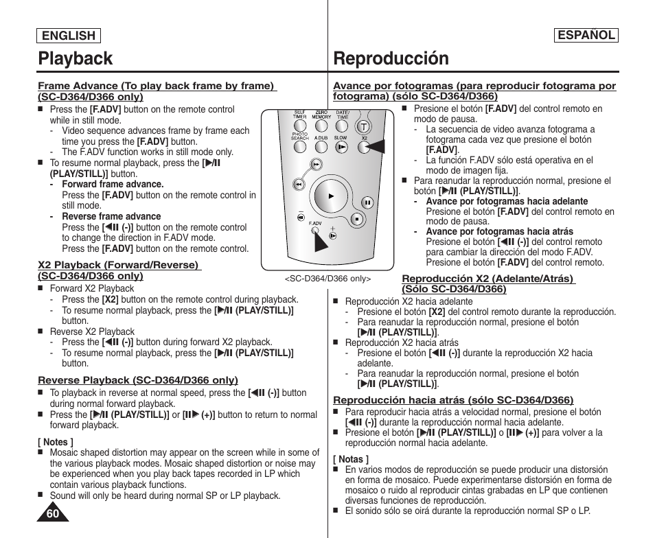 Playback reproducción | Samsung SC-D364-XAP User Manual | Page 60 / 106