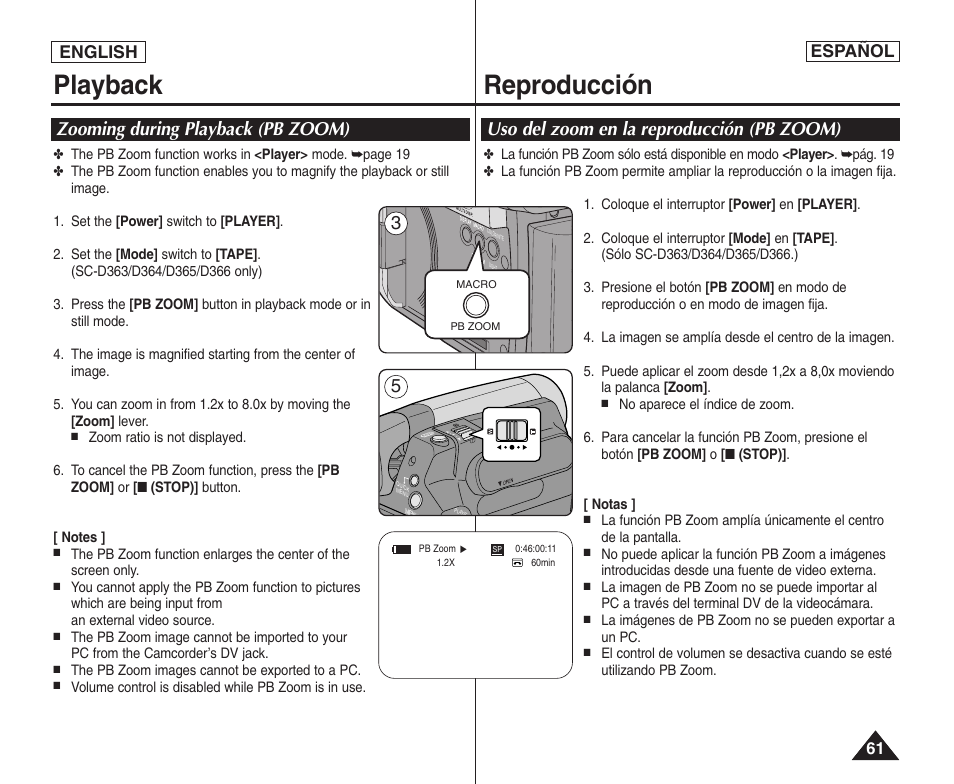 Playback reproducción, English español | Samsung SC-D364-XAP User Manual | Page 61 / 106