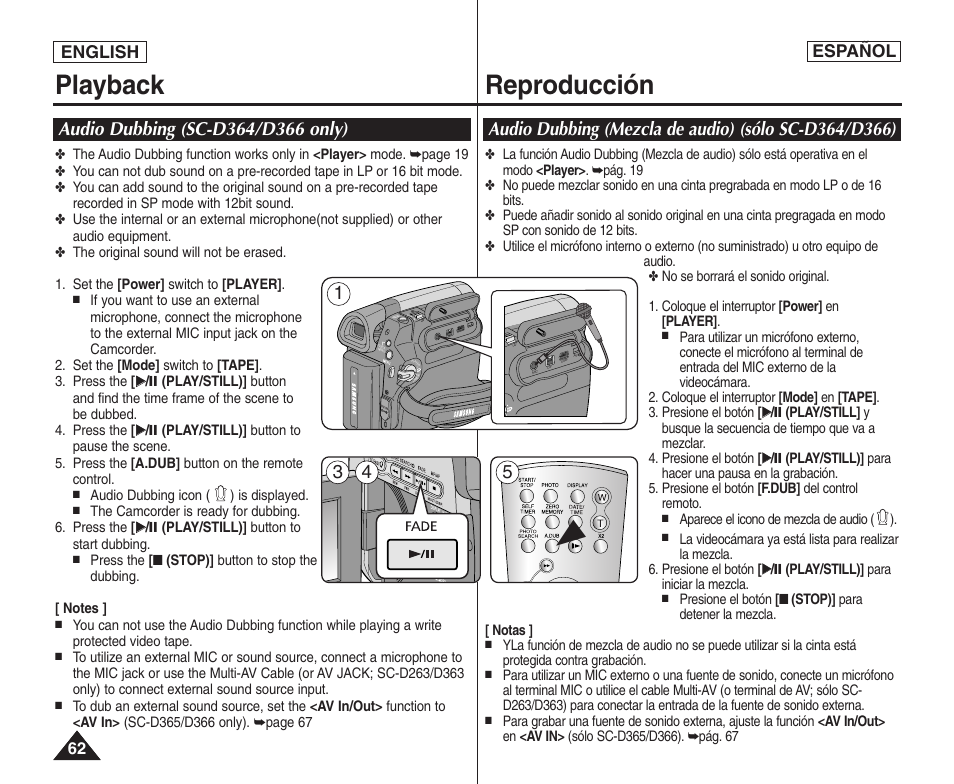 Playback reproducción, English español | Samsung SC-D364-XAP User Manual | Page 62 / 106