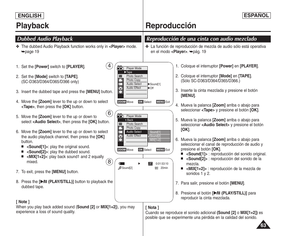 Playback reproducción, English español | Samsung SC-D364-XAP User Manual | Page 63 / 106