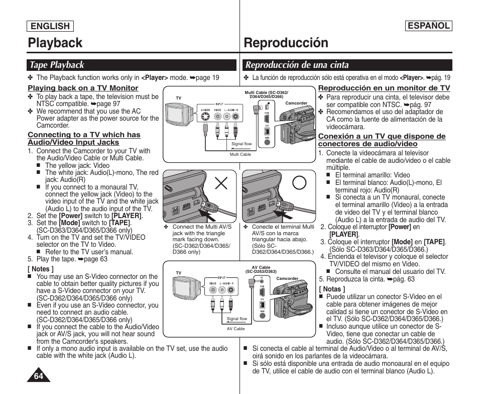 Playback reproducción, Tape playback reproducción de una cinta, English español | Samsung SC-D364-XAP User Manual | Page 64 / 106