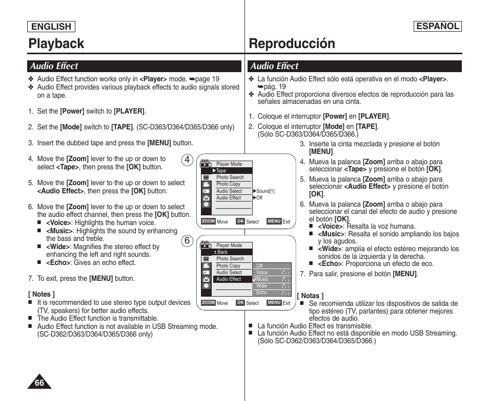 Playback reproducción, Audio effect, English español | Voice> : highlights the human voice, The audio effect function is transmittable, Voice> : resalta la voz humana, La función audio effect es transmisible | Samsung SC-D364-XAP User Manual | Page 66 / 106