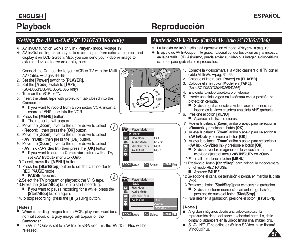 Playback reproducción, English español | Samsung SC-D364-XAP User Manual | Page 67 / 106