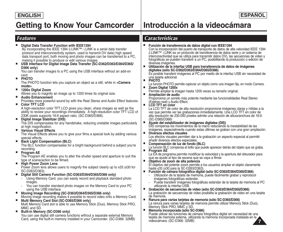 Features, Características, English español | Samsung SC-D364-XAP User Manual | Page 7 / 106