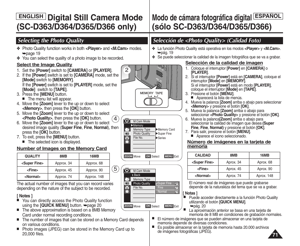 Español, English | Samsung SC-D364-XAP User Manual | Page 71 / 106