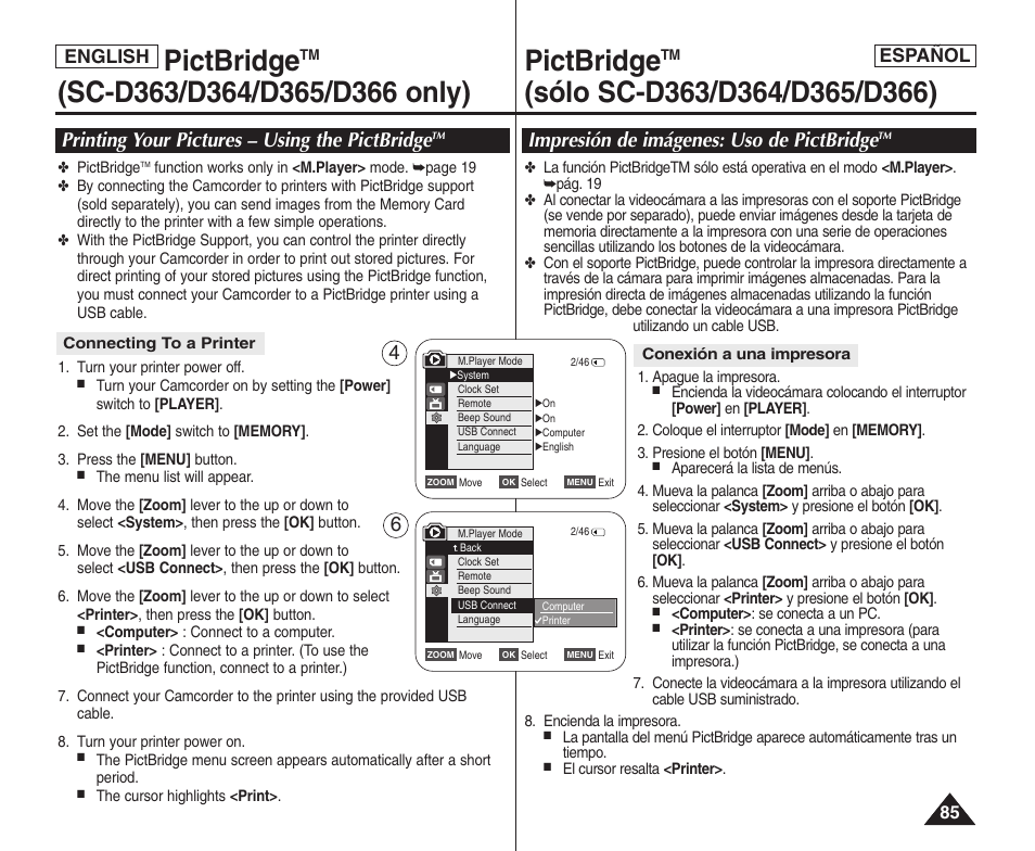 Pictbridge, Printing your pictures – using the pictbridge, Impresión de imágenes: uso de pictbridge | Español, English | Samsung SC-D364-XAP User Manual | Page 85 / 106