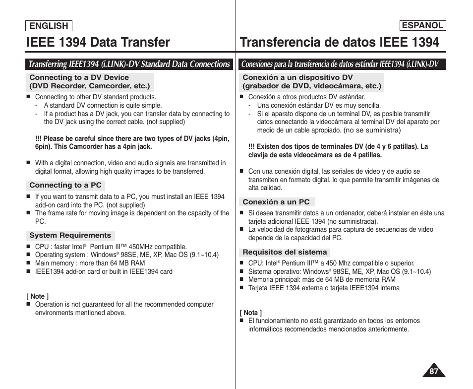 Español, English | Samsung SC-D364-XAP User Manual | Page 87 / 106