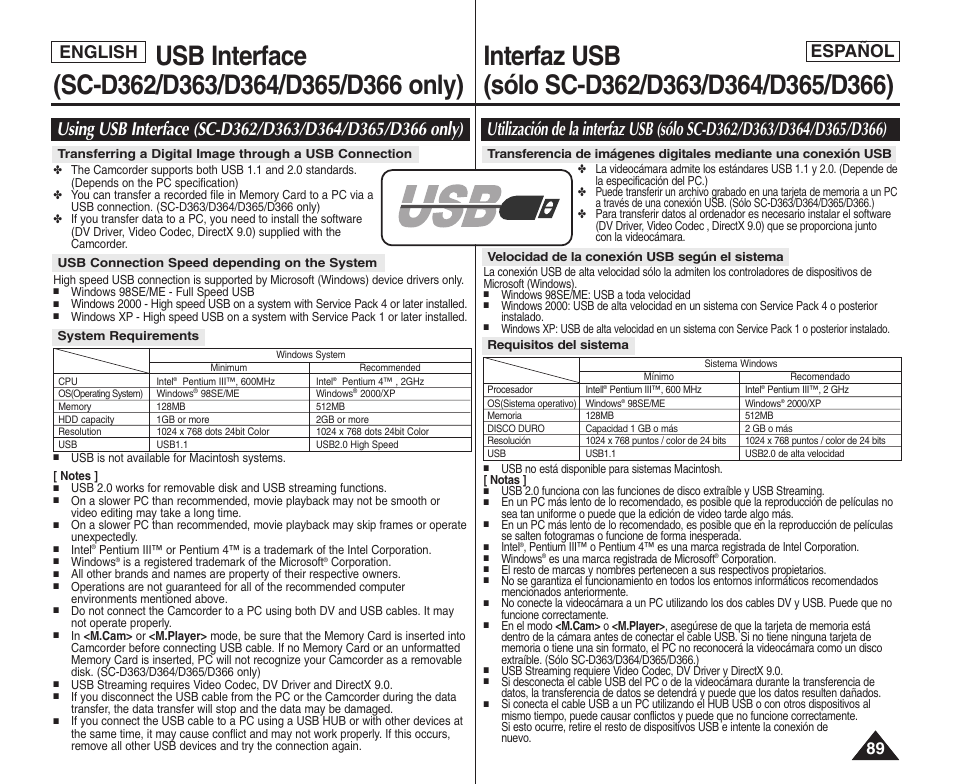 Español, English | Samsung SC-D364-XAP User Manual | Page 89 / 106