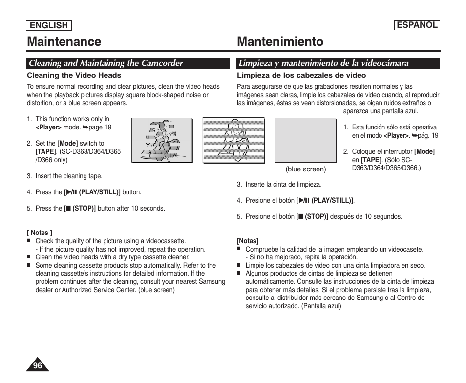 Maintenance mantenimiento | Samsung SC-D364-XAP User Manual | Page 96 / 106