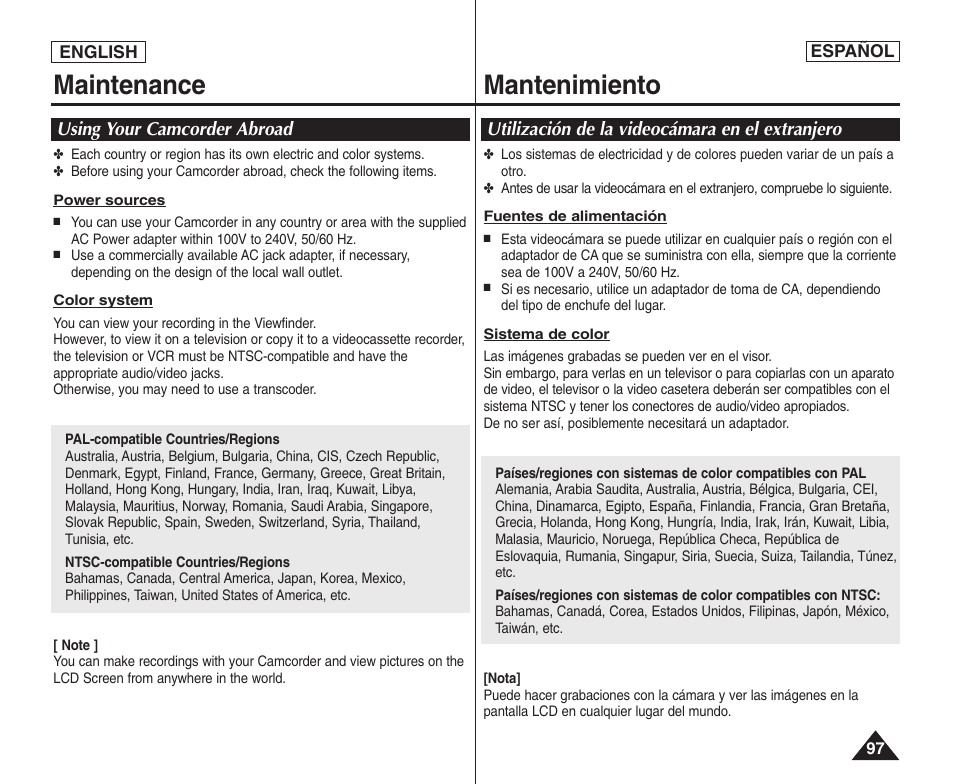 Maintenance mantenimiento | Samsung SC-D364-XAP User Manual | Page 97 / 106