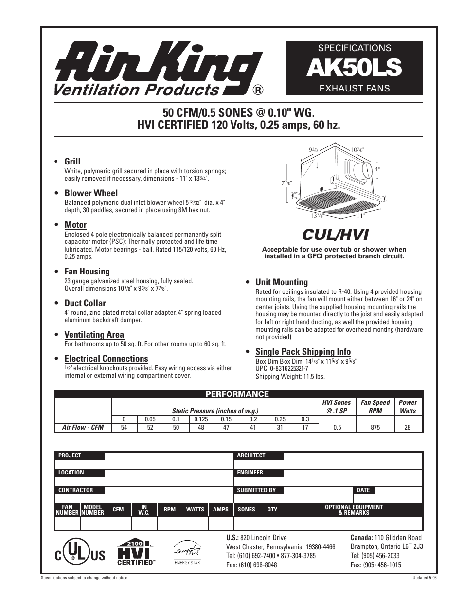 Air King Exhaust Fan AK50LS User Manual | 1 page