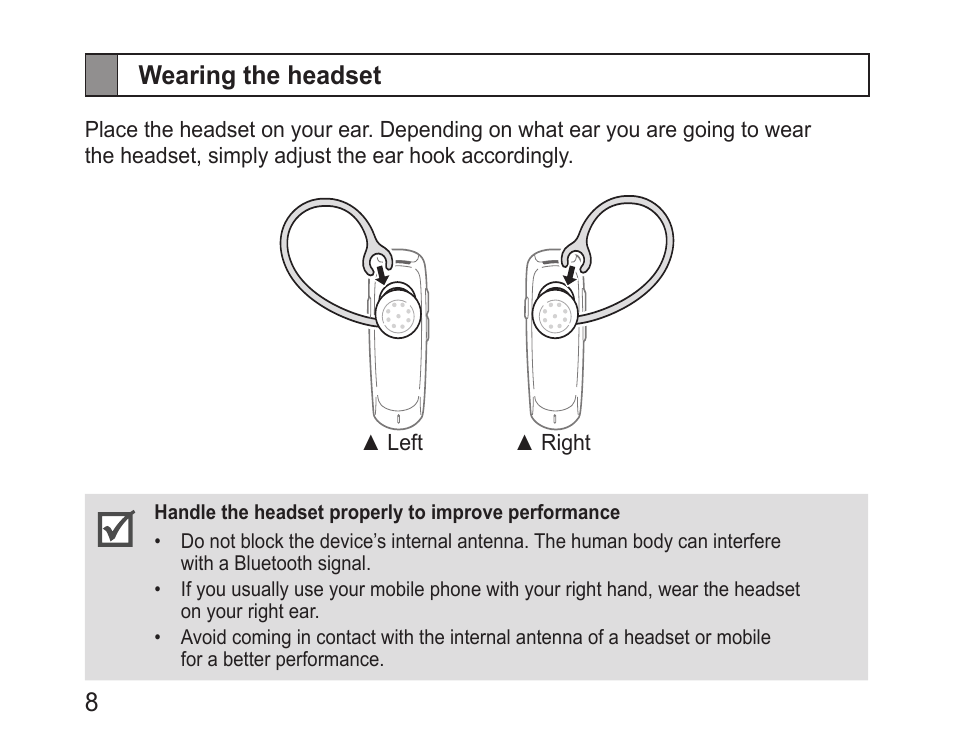 Wearing the headset, 8wearing the headset | Samsung BHM1100NBACSTA User Manual | Page 10 / 63