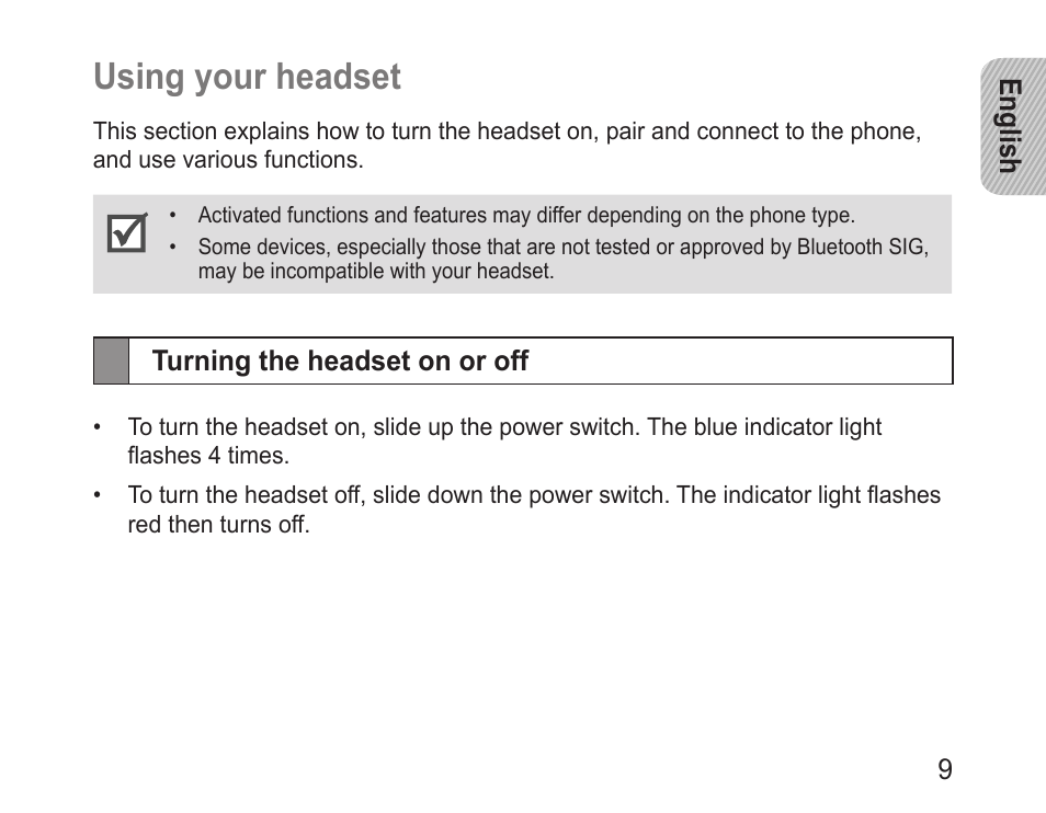 Using your headset, Turning the headset on or off | Samsung BHM1100NBACSTA User Manual | Page 11 / 63