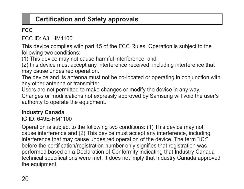 Certification and safety approvals | Samsung BHM1100NBACSTA User Manual | Page 22 / 63