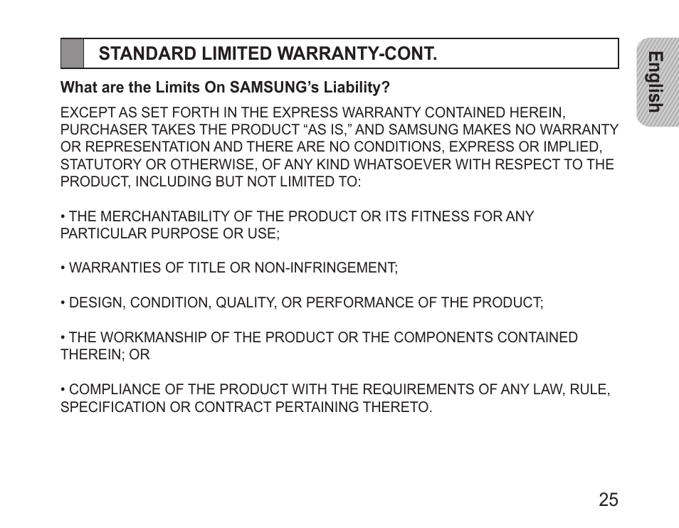 English 25 standard limited warranty-cont | Samsung BHM1100NBACSTA User Manual | Page 27 / 63