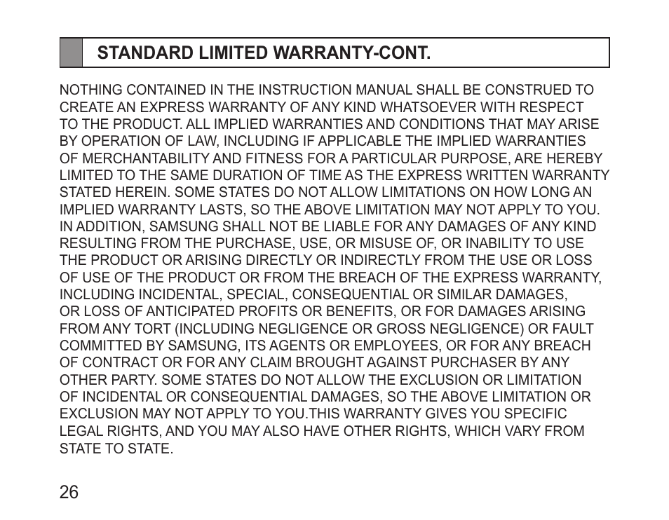 26 standard limited warranty-cont | Samsung BHM1100NBACSTA User Manual | Page 28 / 63