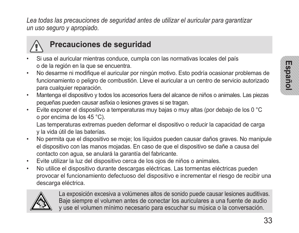 Precauciones de seguridad, Español 33 | Samsung BHM1100NBACSTA User Manual | Page 35 / 63