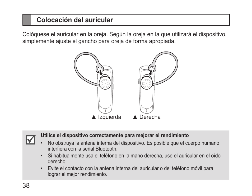 Colocación del auricular, 38 colocación del auricular | Samsung BHM1100NBACSTA User Manual | Page 40 / 63