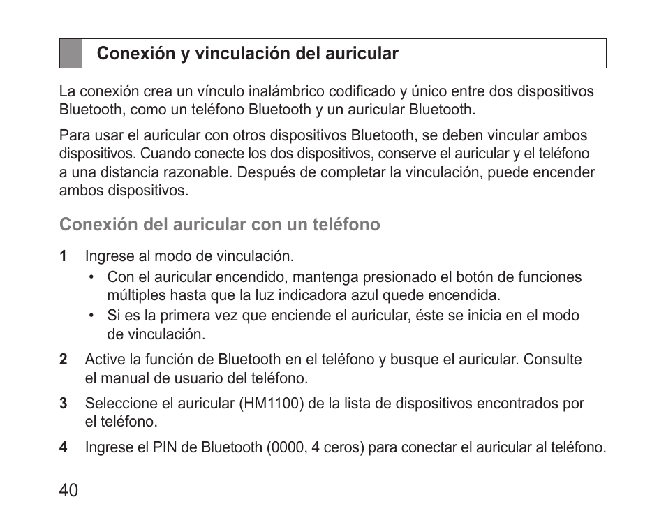 Conexión y vinculación del auricular | Samsung BHM1100NBACSTA User Manual | Page 42 / 63