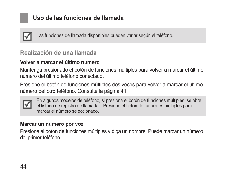 Uso de las funciones de llamada | Samsung BHM1100NBACSTA User Manual | Page 46 / 63