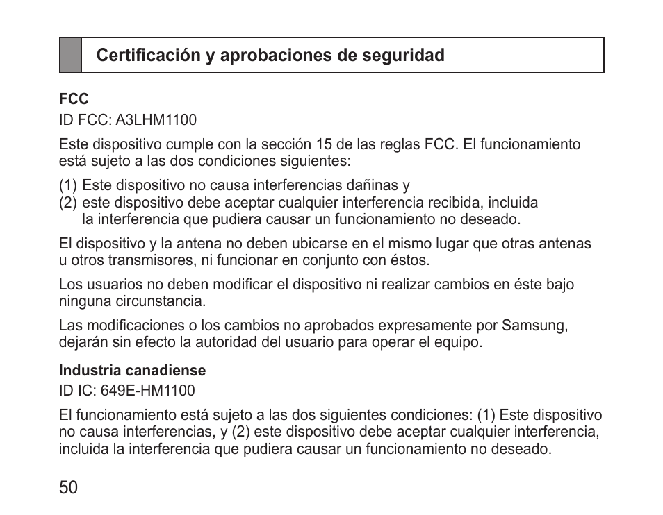 Certificación y aprobaciones de seguridad | Samsung BHM1100NBACSTA User Manual | Page 52 / 63
