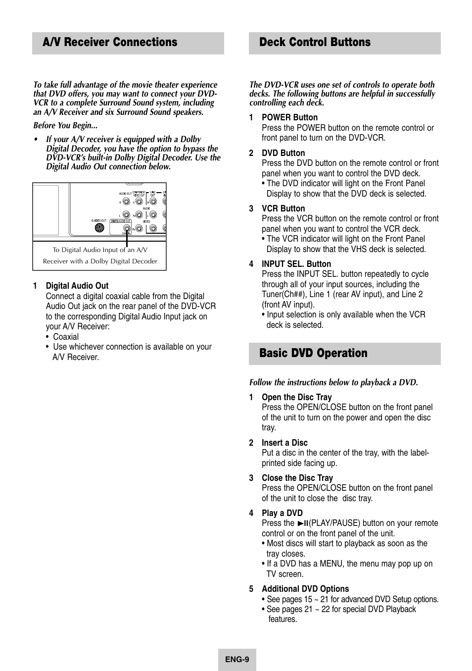 4 - dvd sound setup, A/v receiver connections, 5 - basic operation | Deck control buttons, Basic dvd operation, Basic dvd operation deck control buttons | Samsung DVD-V4600-XAC User Manual | Page 10 / 37