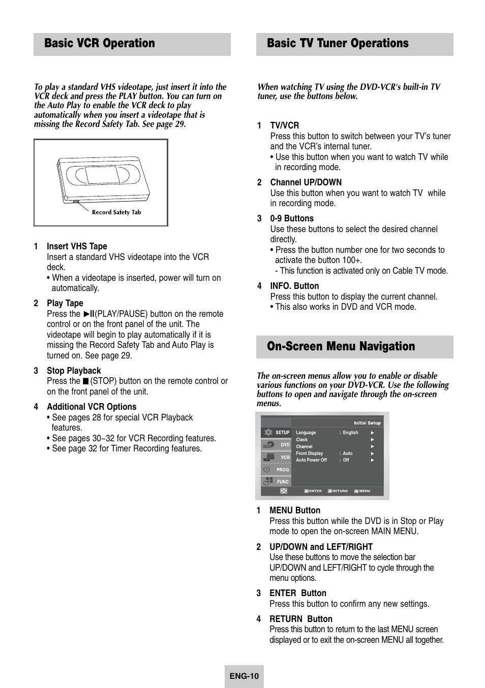 Basic vcr operation, Basic tv tuner operations, 6 - system setup | On-screen menu navigation | Samsung DVD-V4600-XAC User Manual | Page 11 / 37