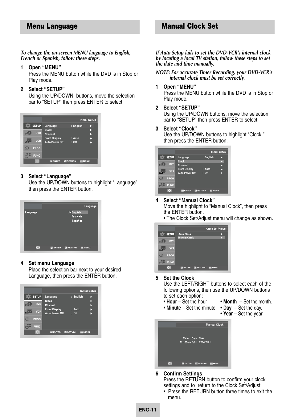 Menu language, Manual clock set, Menu language manual clock set | Samsung DVD-V4600-XAC User Manual | Page 12 / 37