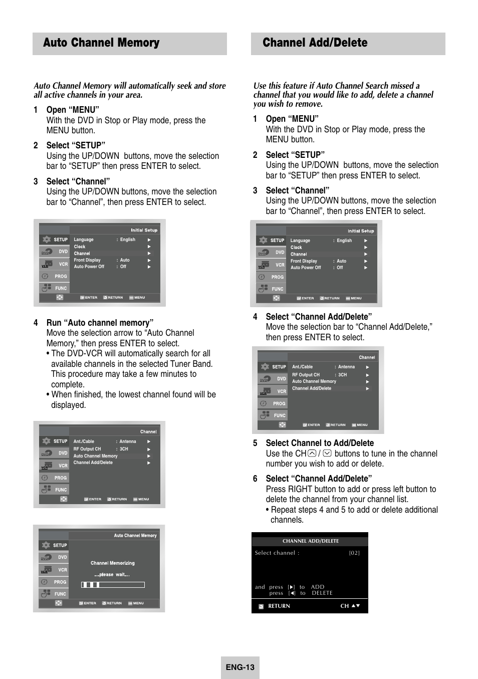 Auto channel memory, Channel add/delete, Acxz channel add/delete | Samsung DVD-V4600-XAC User Manual | Page 14 / 37