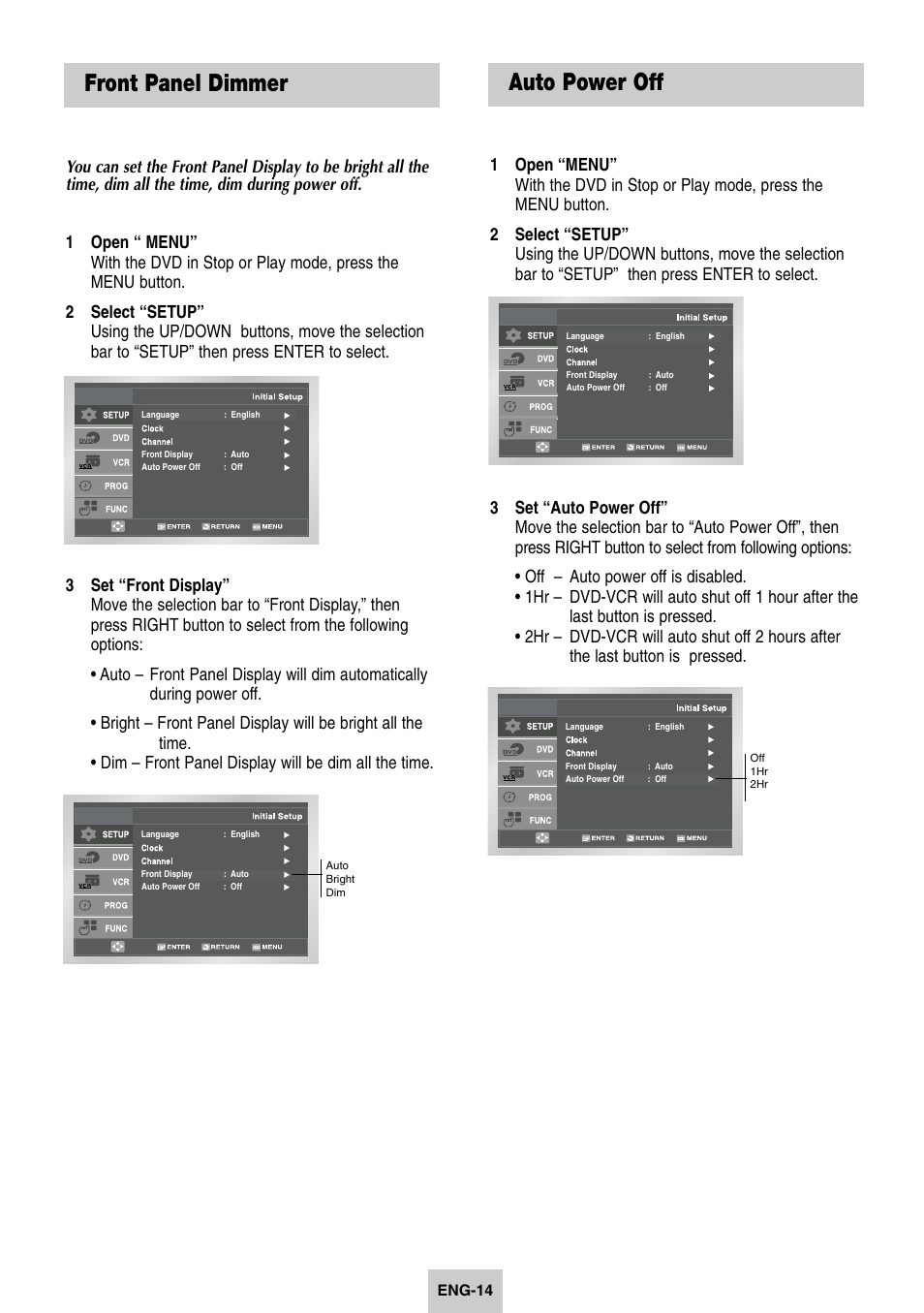 Front panel dimmer, Auto power off | Samsung DVD-V4600-XAC User Manual | Page 15 / 37