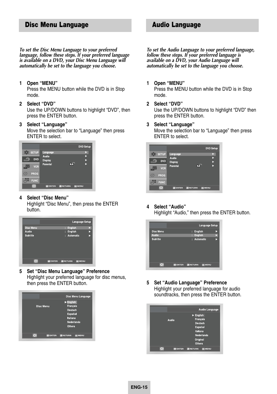 7 - dvd setup, Disc menu language, Audio language | Samsung DVD-V4600-XAC User Manual | Page 16 / 37