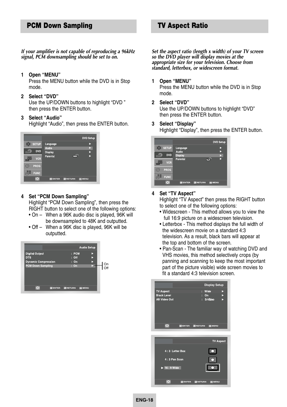 Pcm down sampling, Tv aspect ratio | Samsung DVD-V4600-XAC User Manual | Page 19 / 37