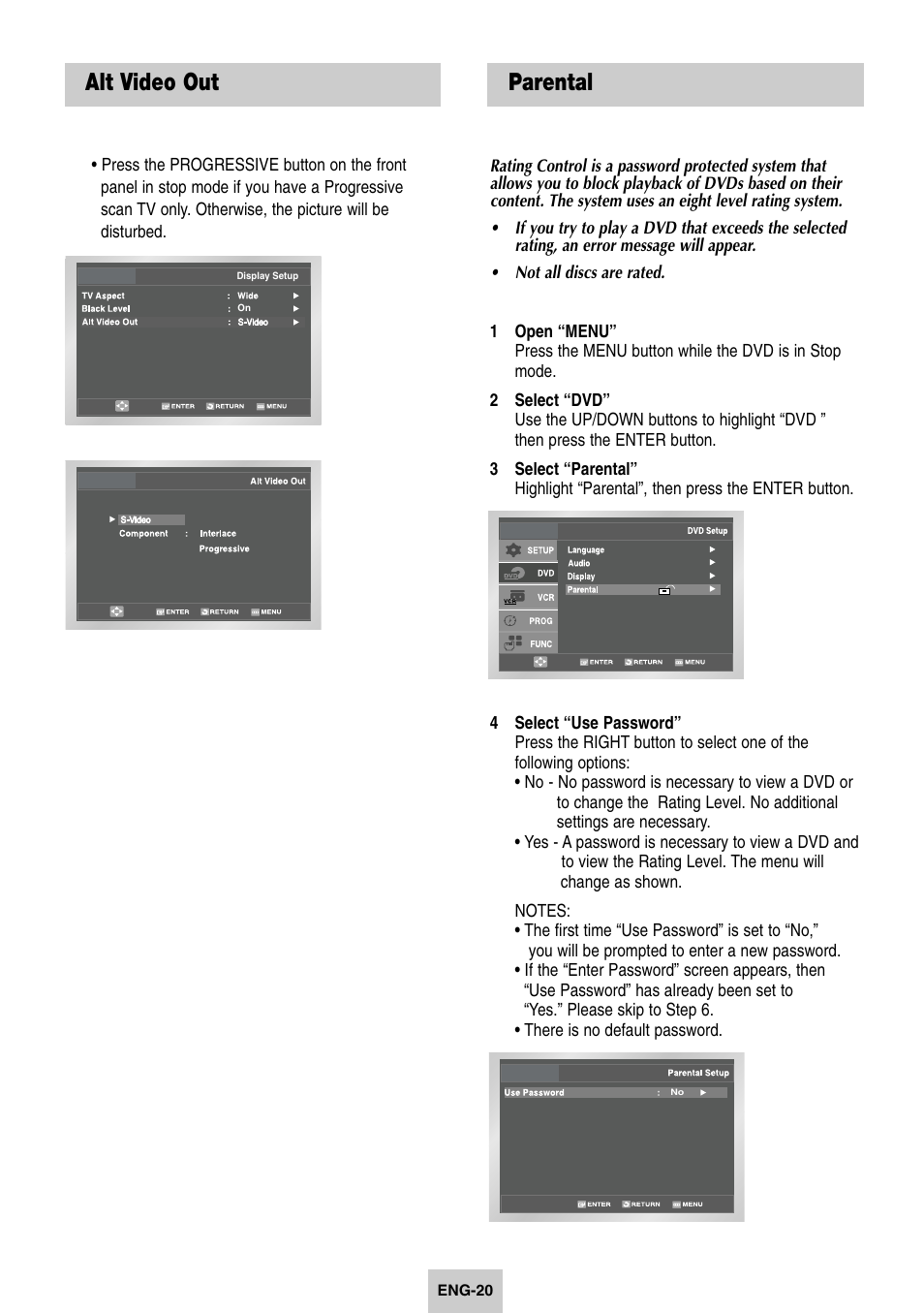 Parental, Alt video out | Samsung DVD-V4600-XAC User Manual | Page 21 / 37