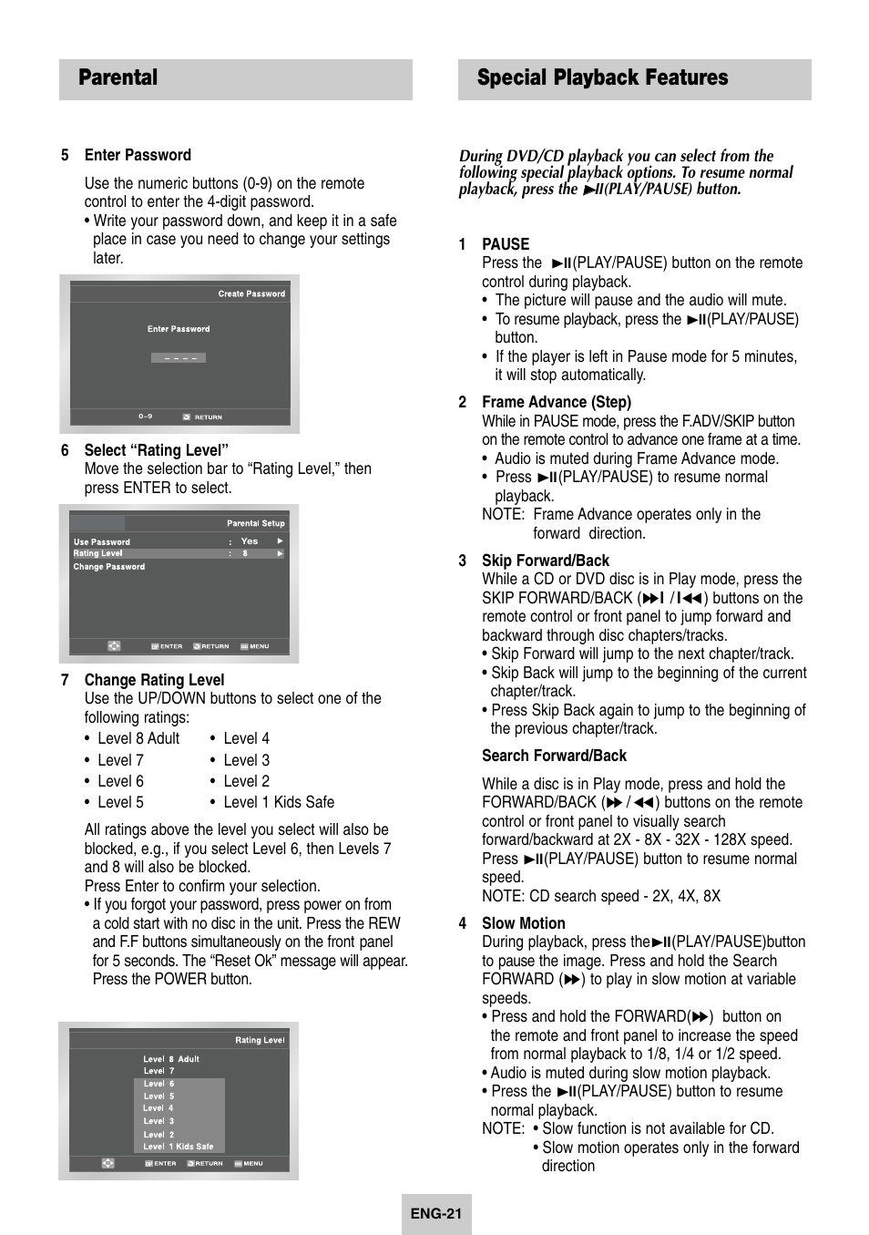 8 - dvd operations, Special playback features, Parental | Samsung DVD-V4600-XAC User Manual | Page 22 / 37