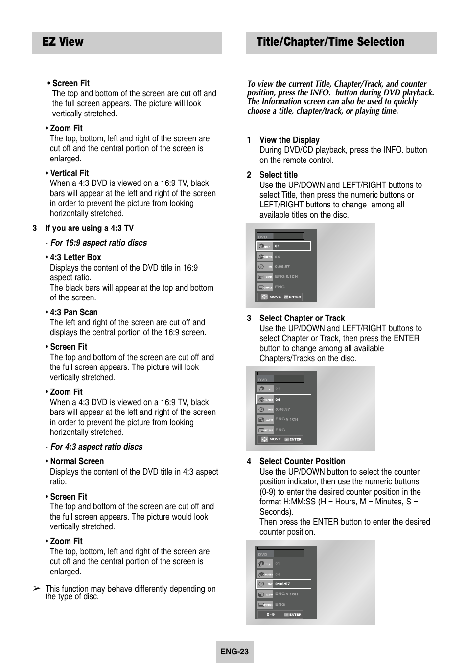 Title/chapter/time selection, Ez view | Samsung DVD-V4600-XAC User Manual | Page 24 / 37