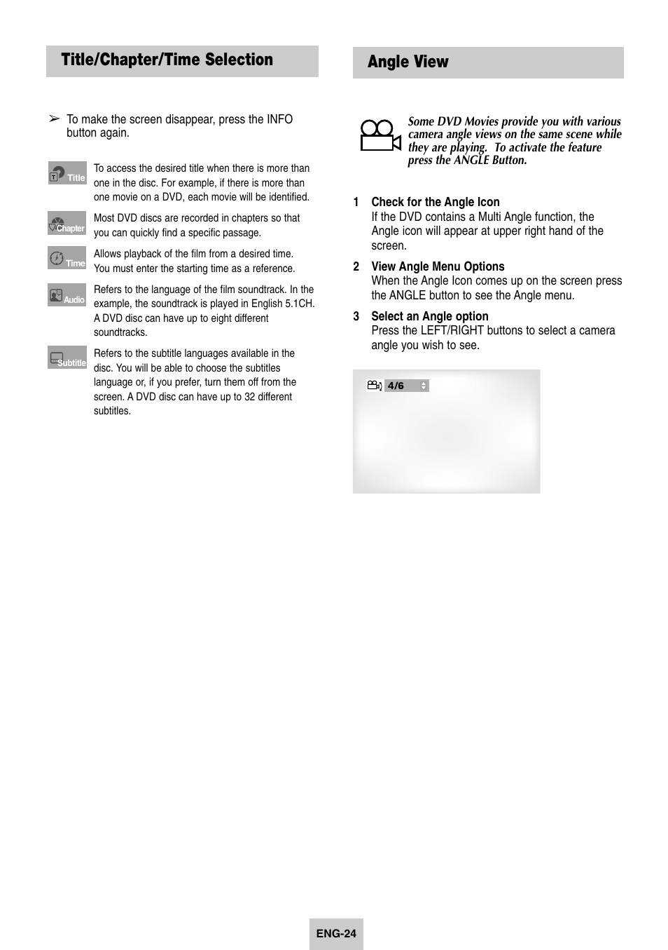 Angle view, Title/chapter/time selection | Samsung DVD-V4600-XAC User Manual | Page 25 / 37