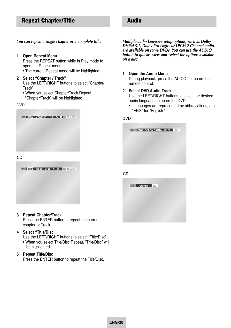 Repeat chapter/title, Audio | Samsung DVD-V4600-XAC User Manual | Page 27 / 37